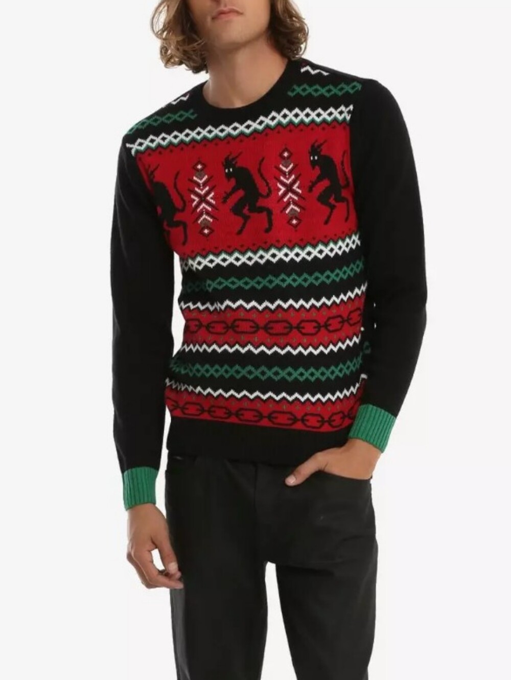 Hot Topic Black Matter Krampus Fair Isle Sweater Men's Black Nordic Crewneck M